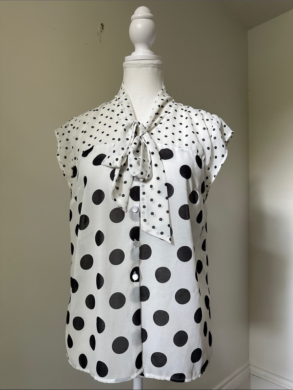 ACAPELLA Vancouver Polka Dot Retro Preppy Pussybow Sheer Blouse Small